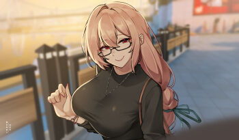 1girl absurdres alternate_costume artist_name azuri909 black_shirt blurry blurry_background blurry_foreground bracelet breasts brown_bag closed_mouth commentary_request glasses hand_up head_tilt highres jewelry large_breasts long_hair looking_at_viewer necklace pink_hair pink_nails red_eyes shirt smile solo taut_clothes taut_shirt tsukishiro_yanagi upper_body zenless_zone_zero
