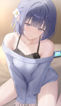 1girl absurdres bare_shoulders bed_sheet black_camisole blue_eyes blue_hair blue_sweater blunt_bangs blush camisole collarbone commentary_request flower gakuen_idolmaster hair_flower hair_ornament hataya_misuzu hibimaru highres idolmaster indoors looking_at_viewer mole mole_under_mouth off-shoulder_sweater off_shoulder on_bed phone short_hair sitting solo sweater thighs white_flower