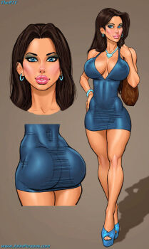 Rule 34 | 1girl, artist name, ass, bag, blue dress, blue eyes, bracelet, breasts, brown background, cheekbones, cleavage, collarbone, covered erect nipples, cropped head, dress, earrings, forehead, high heels, jewelry, john persons, knees, large breasts, linea alba, looking at viewer, makeup, microdress, multiple views, parted hair, parted lips, pink lips, plunging neckline, rouge (makeup), shoulder bag, standing, tan, taut clothes, taut dress, theofficialpit, thick lips, tight clothes, tight dress, watermark, web address