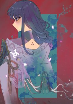 Rule 34 | 1boy, 1girl, abstract background, absurdres, angry, armor, back, back tattoo, blunt bangs, braid, chinese commentary, closed eyes, closed mouth, dual persona, expressionless, feather necklace, floating, from side, frustrated, full body, genshin impact, glowing, gnosis (genshin impact), highres, japanese clothes, jewelry, kimono, kneeling, long braid, long sleeves, looking to the side, mitsudomoe (shape), mother and son, multicolored hair, necklace, nihaowojiaoshanghetu, no mouth, off shoulder, official alternate costume, purple eyes, purple hair, purple kimono, purple veil, raiden shogun, scaramouche (genshin impact), scaramouche (kabukimono) (genshin impact), see-through clothes, see-through veil, shoulder armor, single braid, sleeping, streaked hair, tattoo, tomoe (symbol), upper body, veil, wide sleeves