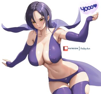 1girl artist_name bare_shoulders black_hair breasts center_opening commentary covered_erect_nipples elbow_gloves english_commentary feikyart fingerless_gloves gloves heart large_breasts merlin_(nanatsu_no_taizai) nanatsu_no_taizai navel panties patreon_logo patreon_username purple_gloves purple_panties purple_thighhighs revealing_clothes short_hair solo stomach thighhighs underwear yellow_eyes