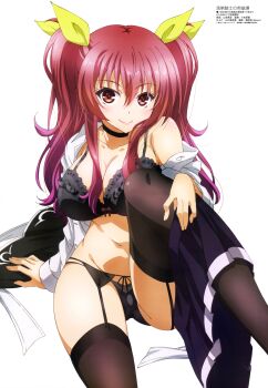 1girl absurdres bare_shoulders black_bra black_garter_belt black_garter_straps black_panties black_skirt black_socks black_thighhighs blush bow bra breasts cleavage closed_mouth collarbone collared_shirt dot_nose female_focus frilled_bra frills garter_belt garter_straps hair_bow hair_ribbon highres japanese_text large_breasts legs long_hair long_sleeves looking_at_viewer megami_magazine midriff miniskirt navel panties pink_hair pleated_skirt rakudai_kishi_no_cavalry red_eyes ribbon scan school_uniform sexually_suggestive shirt shoulder_blush simple_background sitting skirt skirt_around_one_leg smile socks solo solo_focus stella_vermillion stomach thighhighs thighs translation_request twintails underwear unworn_skirt white_background white_shirt yellow_bow yellow_ribbon