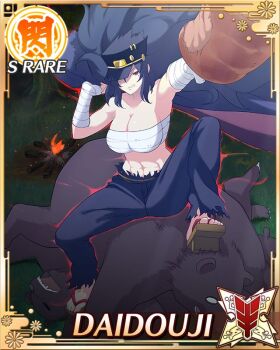 Rule 34 | 1girl, abs, arm wrap, aura, banchou, bear, big hair, black hair, black pants, boned meat, border, breasts, budget sarashi, campfire, card (medium), character name, chest sarashi, cleavage, coat, daidouji (senran kagura), delinquent, fluffy hair, food, gakuran, game cg, geta, grin, hat, holding, holding coat, holding food, holding unworn clothes, large breasts, long coat, long hair, looking at viewer, meat, muscular, muscular female, night, official art, outstretched arm, pants, peaked cap, red eyes, sarashi, school uniform, senran kagura, senran kagura new wave, sitting on animal, smile, solo, unworn coat