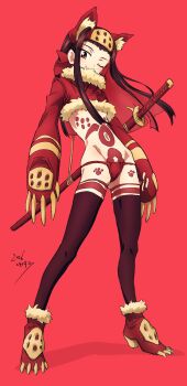 Rule 34 | 1girl, animal ears, black thighhighs, blush, breasts, brown eyes, brown hair, commentary request, covered mouth, erakin, fake animal ears, fox ears, full body, fundoshi, girls und panzer, highres, japanese clothes, long hair, looking at viewer, navel, one eye closed, red background, red fundoshi, saemonza (girls und panzer), simple background, small breasts, solo, sword, thighhighs, weapon