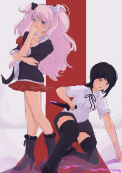 2girls absurdres artist_name bear_hair_ornament black_bow black_footwear black_hair black_legwear black_ribbon black_skirt blood blood_on_clothes blood_on_ground bloody_knife bloody_weapon blue_eyes blush bow bowtie knee_boots closed_mouth collarbone danganronpa:_trigger_happy_havoc danganronpa_(series) enoshima_junko female_focus fingernails freckles hair_ornament highres holding holding_knife holding_weapon ikusaba_mukuro jojo_pose jojo_reference knife legs long_hair looking_at_viewer medium_hair multiple_girls nail_polish neck_ribbon octuopos pink_blood pink_hair pleated_skirt red_background red_bow red_nails red_skirt ribbon shirt siblings signature simple_background sisters skirt squatting standing thighs twins twintails weapon white_background white_shirt