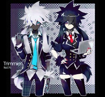 1boy 1girl alternate_color aqua_nails aqua_necktie arm_at_side black_hair black_jacket black_pants black_scrunchie blazer blue_necktie character_name closed_mouth collared_shirt computer cropped_legs dark-skinned_male dark_skin furfrou gen_6_pokemon grey_hair hair_over_one_eye hand_on_own_hip holding jacket kantarou_(8kan) microskirt necktie nintendo open_clothes open_jacket pants personification plaid_clothes plaid_pants pokedex_number pokemon red_eyes red_nails red_necktie scrunchie shiny_pokemon shirt skirt standing tail white_scrunchie white_shirt wrist_scrunchie