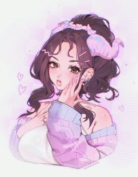 1girl aegyo_sal artist_name blue_cardigan blurry border breasts brown_eyes brown_hair camisole cardigan checkered_background collarbone_tattoo commentary commission cropped_torso depth_of_field dragon_horns ear_piercing earrings english_commentary eyelashes fading_border film_grain fingernails flower flower_tattoo forehead gem-studded_nails hair_flower hair_ornament halftone hand_on_own_cheek hand_on_own_chest hand_on_own_face heart heart_earrings high_ponytail highres horns jewelry large_breasts light_blush long_fingernails medium_hair mole mole_on_cheek mole_on_shoulder multiple_moles nail_ornament noisykoala off-shoulder_cardigan original outer_glow outline parted_bangs parted_lips piercing ponytail purple_background purple_cardigan purple_flower purple_horns purple_nails purple_outline ring shoulder_blush silver_earrings single_sidelock sketch tattoo teeth thick_eyebrows thick_lips two-tone_cardigan wavy_hair wavy_sidelocks white_camisole