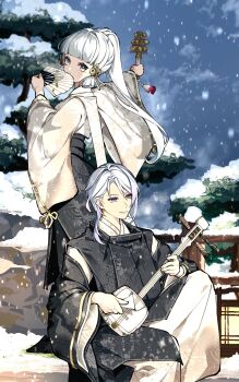 1boy 1girl alternate_costume asymmetrical_hair ayaka_(genshin_impact) bell black_skirt blunt_bangs blunt_tresses blurry brother_and_sister cha_hanare chinese_knot closed_mouth covering_own_mouth depth_of_field fence flower_knot folding_fan genshin_impact gold_trim hair_between_eyes hair_ribbon hand_fan hands_up highres holding holding_instrument instrument japanese_clothes jingle_bell kagura_suzu kamisato_ayato kariginu kimono knee_up long_hair long_sleeves looking_at_viewer looking_down medium_hair mole mole_under_eye mole_under_mouth music outdoors outstretched_arm pants playing_instrument ponytail puffy_pants purple_eyes purple_hair ribbon shamisen siblings sitting skirt smile snow snow_on_tree snowing standing tassel tree tress_ribbon white_hair white_kimono white_pants wide_sleeves winter