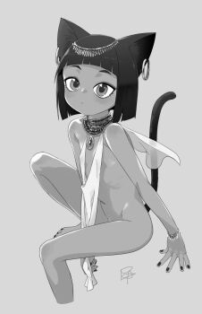 1girl :&lt; ancient_egyptian ancient_egyptian_clothes animal_ears barefoot blunt_bangs blunt_ends bob_cut cat_ears cat_tail closed_mouth commentary cropped_legs expressionless flat_chest foot_up from_side grey_background greyscale highres brown_egyptian_cat-eared_loli_(trend) invisible_chair loli looking_at_viewer monochrome original raised_eyebrows satsuyo short_hair signature simple_background sitting solo tail tail_raised usekh_collar
