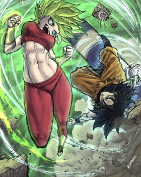 1boy 1girl abs absurdres aura battle black_hair blue_footwear boots bracelet breasts clenched_hands crop_top debris dragon_ball dragon_ball_super earrings eye_trail eyelashes gold_bracelet green_eyes green_sky hands_up highres jewelry jumping kefla_(dragon_ball) legendary_super_saiyan light_trail limn044 looking_at_another looking_back midair midriff navel open_mouth orange_pants pants potara_earrings powering_up red_pants red_tank_top saiyan shirt short_hair sketch sky smile son_goku spiked_hair super_saiyan tank_top teeth tight_clothes tight_pants toned toned_female torn_clothes torn_shirt torn_sleeves tournament_of_power ultra_instinct upside-down v-shaped_eyebrows w_arms white_eyes wind wristband