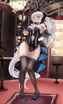 1girl absurdres animal_ears bare_shoulders black_bow black_gloves black_leotard black_thighhighs blue_eyes blue_trim blush bow bowtie braid breasts cleavage clothing_cutout detached_collar fake_animal_ears fate/grand_order fate_(series) full_body gloves grey_hair hair_bow high_heels highleg highleg_leotard highres klash large_breasts leotard long_hair looking_at_viewer morgan_le_fay_(fate) navel navel_cutout outstretched_arm parted_lips ponytail rabbit_ears sidelocks solo thighhighs very_long_hair