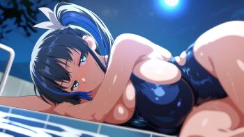 1girl ahonoko alyssa_(specktech) black_hair blue_eyes blue_hair blue_one-piece_swimsuit blush bow breasts cleavage commission hair_bow highres huge_breasts long_hair looking_at_viewer lying moon multicolored_hair navel night on_side one-piece_swimsuit original outdoors poolside second-party_source side_ponytail skeb_commission sky solo stomach streaked_hair swimsuit thighs two-tone_hair white_bow