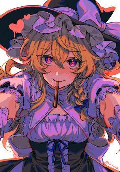 1girl black_dress black_hair blonde_hair blue_bow blush bow braid breasts curiosities_of_lotus_asia dress food food_in_mouth gloves hair_between_eyes hair_bow hat hat_bow heart highres incoming_pocky_kiss kirisame_marisa long_hair looking_at_viewer noriuma pocky pocky_in_mouth pocky_kiss pov puffy_short_sleeves puffy_sleeves purple_eyes shared_food short_sleeves sideboob simple_background single_braid solo touhou two-tone_dress white_background white_bow white_dress white_gloves witch_hat