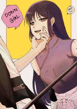 1boy 1girl black_hair blood blood_on_face boruto:_two_blue_vortex breasts commentary english_commentary english_text engrish_commentary hand_on_another&#039;s_chin highres holding holding_weapon ifevilwhyuhot kakei_sumire kawaki_(boruto) long_hair medium_breasts naruto_(series) open_mouth purple_eyes smile weapon