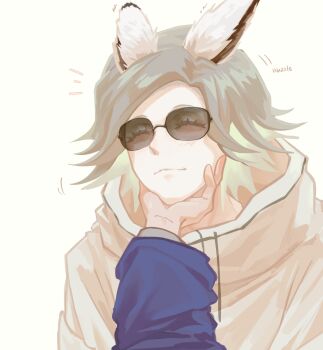 2boys absurdres aestro_111 animal_ears aotsuki_eito closed_eyes grey_hair head_rest highres jacket kemonomimi_mode long_sleeves male_focus multiple_boys nuzzle pov pov_hands rabbit_boy rabbit_ears short_hair simple_background smile solo_focus sound_effects sumino_takumi sunglasses the_hundred_line_-last_defense_academy- white_background white_jacket