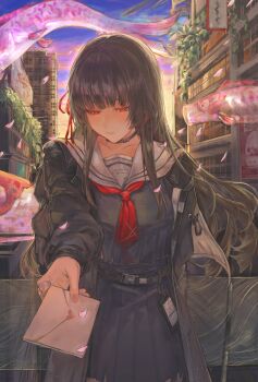 1girl absurdres black_hair black_jacket black_serafuku black_shirt black_skirt blush chisa_(wuthering_waves) closed_mouth commentary cowboy_shot envelope hair_ribbon highres holding holding_envelope jacket konbunyas letter long_hair love_letter neckerchief outdoors pink_petals red_eyes red_neckerchief red_ribbon ribbon sailor_collar school_uniform serafuku shirt skirt solo symbol-only_commentary white_sailor_collar wuthering_waves