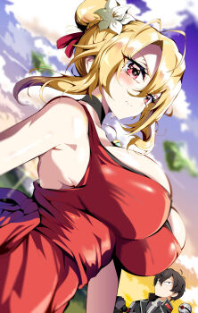 1boy 1girl aloe_(kenkou3733) angelica_rapha_redgrave black_choker black_eyes black_hair black_jacket blonde_hair blush breasts choker cleavage cloud cloudy_sky crying crying_with_eyes_open dress floating_island flower hair_behind_ear hair_bun hair_flower hair_ornament highres jacket large_breasts leon_fou_bartfort looking_ahead luxion_(mobseka) otome_game_sekai_wa_mob_ni_kibishii_sekai_desu red_dress red_eyes robot single_hair_bun sky solo_focus tears white_flower