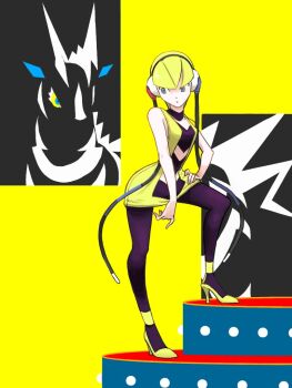 1girl bare_arms black_choker black_fur black_pantyhose blonde_hair blue_eyes blunt_bangs breasts choker collarbone colored_sclera dress elesa_(pokemon) gen_5_pokemon hand_on_own_thigh headphones low_neckline midriff nintendo pantyhose pokemon pokemon_(creature) pokemon_bw shoes short_dress short_hair sleeveless sleeveless_dress solo tomnamiheeei8ch yellow_dress yellow_sclera yellow_shoes zebra zebstrika