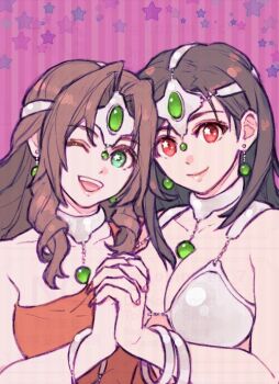 2girls aerith_gainsborough armor bare_shoulders bikini_armor black_hair bracelet breasts brown_hair circlet cleavage closed_mouth collarbone commentary_request cosplay dragon_quest dragon_quest_iv dress drill_hair drill_sidelocks earrings final_fantasy final_fantasy_vii gem green_eyes green_gemstone hair_behind_ear holding_hands interlocked_fingers jewelry komm_ec_7 large_breasts long_hair looking_at_viewer manya_(dq4) manya_(dq4)_(cosplay) minea_(dq4) minea_(dq4)_(cosplay) multiple_girls neck_ring one_eye_closed open_mouth orange_dress parted_bangs red_eyes sidelocks smile star_(symbol) star_in_eye symbol_in_eye tifa_lockhart upper_body