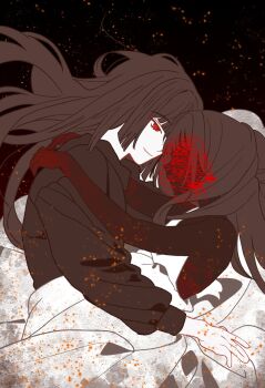 2girls black_hair black_shirt child closed_mouth commentary_request faceless highres hug korean_commentary limbus_company long_hair long_sleeves mother_and_daughter multiple_girls project_moon red_eyes rodionlotte ryoshu_(project_moon) shirt simple_background smile white_background