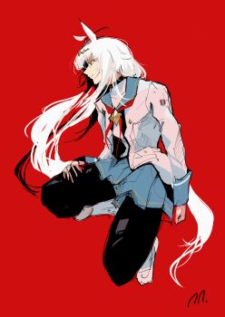 1girl absurdres ahoge animal_ears black_leggings blue_eyes blue_skirt commentary_request from_side hair_ornament hand_on_own_leg highres horse_ears horse_girl horse_tail jacket leggings long_hair long_sleeves looking_to_the_side oguri_cap_(starlight_beat)_(umamusume) oguri_cap_(umamusume) pleated_skirt red_background ringring_(artist) school_uniform shirt shoes simple_background skirt smile solo solo_focus tail umamusume white_hair white_jacket white_shirt white_shoes