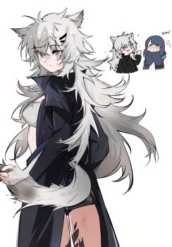 &gt;_&lt; 2girls animal_ears arknights arya_melati black_coat blush chibi closed_eyes closed_mouth coat commentary dirty dirty_face doctor_(arknights) elbow_gloves english_commentary eyes_visible_through_hair female_doctor_(arknights) fingerless_gloves gloves grey_eyes grey_gloves grey_hair grey_tail hair_between_eyes hair_ornament hairclip hand_on_own_tail highres lappland_(arknights) long_hair long_sleeves material_growth messy_hair multiple_girls oripathy_lesion_(arknights) scar scar_across_eye scar_on_face simple_background tail white_background wolf_ears wolf_girl wolf_tail