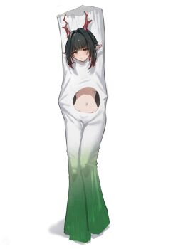 1girl absurdres arknights arknights:_endfield blush breasts closed_mouth dragon_horns food_costume full_body green_eyes hidulume highres horns looking_at_viewer medium_breasts multicolored_hair naked_costume navel pointy_ears red_horns sidelocks simple_background smile solo spring_onion standing stomach streaked_hair white_background zhuang_fangyi_(arknights)