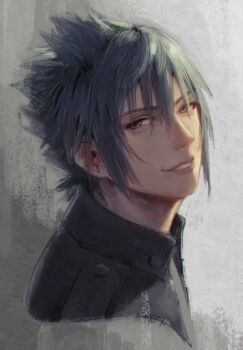 Rule 34 | 1boy, black hair, black jacket, commentary request, cropped torso, final fantasy, final fantasy xv, grey background, grey eyes, hair between eyes, jacket, looking at viewer, male focus, mishio, noctis lucis caelum, parted lips, simple background, smile, solo, spiked hair, upper body