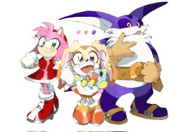 Rule 34 | 2boys, 2girls, amy rose, animal ears, belt, big the cat, blue eyes, blush stickers, bow, bowtie, carrying, cat ears, chao (sonic), cheese (sonic), colored sclera, cream the rabbit, eyelashes, furry, gloves, green eyes, hairband, hedgehog ears, height difference, kayama yosi (yosiyosi), long ears, multiple boys, multiple girls, open mouth, pink hair, rabbit ears, sandals, shoes, skirt, smile, sonic (series), standing, white background, yellow sclera