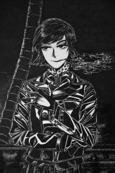 1girl absurdres black_gloves bob_cut bordfunker133 check_clothing cigarette clothing_request commentary cross english_commentary genderswap genderswap_(mtf) gloves greyscale hans-joachim_marseille highres iron_cross jacket leather leather_jacket lipstick long_sleeves looking_to_the_side luftwaffe makeup marseille-chan_(bordfunker133) medium_hair monochrome narrowed_eyes nazi original real_life smile smoke smoking solo world_war_ii