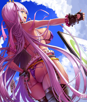 1girl :d arm_garter ass bare_shoulders bb_(fate) bb_(swimsuit_mooncancer)_(second_ascension)_(fate) bead_bracelet beads belt bikini billboard black_gloves blue_sky bracelet breasts brown_thighhighs cloud cowboy_shot dark-skinned_female dark_skin day earrings fate/grand_order fate_(series) fingerless_gloves from_behind from_below garter_straps gloves hair_ornament hair_ribbon hand_on_own_ass highres hitchhiking jewelry large_breasts long_hair looking_at_viewer looking_back looking_down multiple_belts open_mouth outdoors outstretched_arm pink_ribbon purple_bikini purple_eyes purple_hair ribbon road_sign sideways_mouth sign signature skindentation sky smile solo star_(symbol) star_earrings star_hair_ornament strap_gap swimsuit teeth thighhighs thumbs_up underboob uo_denim upper_teeth_only very_long_hair