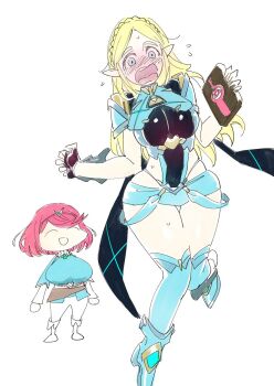 2girls alternate_costume artist_request blonde_hair blush breasts chibi cosplay embarrassed large_breasts long_hair monolith_soft multiple_girls nintendo open_mouth pointy_ears princess_zelda princess_zelda_(cosplay) pyra_(xenoblade) pyra_(xenoblade)_(cosplay) red_hair short_hair smile source_request the_legend_of_zelda the_legend_of_zelda:_breath_of_the_wild xeno_(series) xenoblade_chronicles_(series) xenoblade_chronicles_2