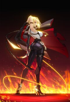 1girl absurdres arm_strap ass black_gloves black_pants blonde_hair breasts chest_harness coat elbow_gloves evelyn_chevalier fire gloves hair_up half_gloves harness high-waist_pants high_heels highres holding holding_knife jewelry kangg knife large_breasts latex_pants looking_at_viewer looking_back mole mole_under_eye necktie pants purple_eyes ring_hair_ornament shirt short_hair single_elbow_glove single_half_glove solo sparks string tight_clothes tight_pants yellow_necktie zenless_zone_zero