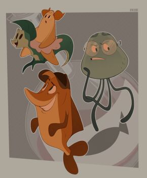 brown_hat chuck_(help!_i'm_a_fish) devillefort-master fish fly_(help!_i'm_a_fish) glasses grin hat help!_i'm_a_fish highres jellyfish pink_skirt sasha_(help!_i'm_a_fish) seahorse skirt smile starfish stella_(help!_i'm_a_fish)