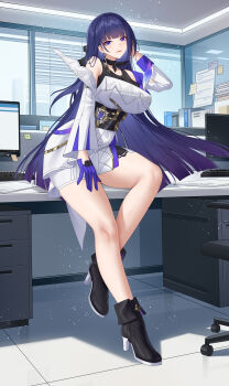 1girl absurdres desk feet highres honkai_(series) honkai_impact_3rd light_smile long_hair looking_at_viewer office purple_eyes raiden_mei toes wu_ganlan_cai