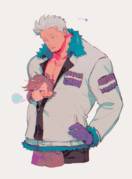 ... 1boy 1girl absurdres antenna_hair black_pants blush brown_pants cigar commentary_request couple cropped_legs embarrassed fur-trimmed_jacket fur_trim gloves grey_eyes hand_on_own_hip height_difference hetero highres jacket kabane_(rjev8385) long_sleeves looking_at_another looking_down no_shirt oc_x_canon one_piece original pants parted_bangs partially_unzipped puff_of_air purple_gloves shared_clothes shared_jacket short_hair simple_background small_sweatdrop smoker_(one_piece) swept_bangs white_background white_hair white_jacket zipper zipper_pull_tab