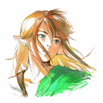 1boy aizheajsee blonde_hair blue_eyes brown_hair closed_mouth copyright_request earrings floating_hair frown highres jewelry link long_hair looking_to_the_side male_focus nintendo pointy_ears portrait simple_background solo swept_bangs the_legend_of_zelda white_background