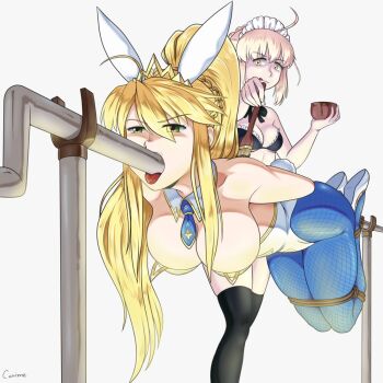2girls ahoge all_the_way_through arms_behind_back artoria_pendragon_(fate) artoria_pendragon_(swimsuit_ruler)_(fate) blonde_hair bound bound_legs bound_wrists braid breasts brush canime cannibalism cooking dual_persona fate/grand_order fate_(series) female_focus green_eyes gynophagia imminent_death large_breasts literal_spitroast long_hair maid multiple_girls object_insertion peril ponytail rabbit_ears rabbit_tail restrained rope saber_(fate) saber_alter saber_alter_(swimsuit_rider) simple_background spitroast_(object) standing waermark white_background