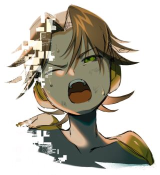 1boy brown_hair glitch green_eyes half-closed_eye highres hub_hikari_(mega_man) m0gaku male_focus mega_man_(series) mega_man_battle_network_(series) megaman.exe netnavi one_eye_closed open_mouth simple_background solo upper_body white_background