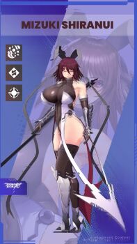 1girl 3d animated ass audible_speech black_leotard blue_background boots bouncing_breasts breasts brown_hair character_name covered_navel curvy elbow_gloves female_focus full_body gloves hair_ribbon highleg highleg_leotard highres holding holding_lance holding_polearm holding_weapon huge_ass huge_breasts impossible_clothes japanese_audio lance leotard lilith-soft lips long_hair mizuki_shiranui polearm red_eyes revealing_clothes ribbon shiny_clothes shiny_skin simple_background sitting smile solo sound taimanin_(series) taimanin_squad talking thigh_boots thong_leotard very_long_hair video weapon wide_hips zoom_layer