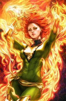 1girl aura bird bodysuit breasts elbow_gloves embers emblem fiery_hair fire gloves highres jean_grey long_hair looking_at_viewer marvel medium_breasts phoenix_(x-men) red_hair sash stanley_lau superhero_costume toned toned_female x-men yellow_gloves