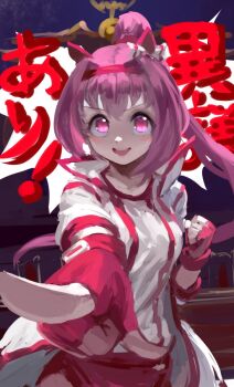 1girl ace_attorney animal_ears blush bow brown_hair buruma ear_bow ear_covers flower-shaped_pupils flower_in_eye gloves hairband haru_urara_(bestest_prize)_(umamusume) haru_urara_(umamusume) headband highres horse_ears horse_girl horse_tail inishie_kumo jacket long_hair looking_at_viewer objection open_mouth pink_buruma pink_eyes pink_hair pink_headband ponytail red_buruma red_gloves red_headband shirt smile solo symbol-shaped_pupils symbol_in_eye tail umamusume