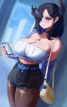 1girl arm_behind_back asymmetrical_horns bare_shoulders black_hair black_horns black_pantyhose black_shorts blue_hair blurry blurry_background breasts cellphone cleavage cowboy_shot denim denim_shorts hair_over_one_eye highres holding holding_phone hololive hololive_english horns large_breasts medium_hair mole mole_under_eye multicolored_hair nerissa_ravencroft pantyhose pantyhose_under_shorts phone purple_eyes reilong shorts slit_pupils smartphone solo strapless tube_top two-tone_hair uneven_horns virtual_youtuber white_tube_top
