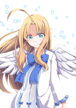 1girl 9-san absurdres ahoge bird_girl bird_wings blonde_hair blue_bow blue_dress blue_eyes bow bright_pupils chest_bow child closed_mouth collarbone commentary_request curtained_hair dress feathered_wings filo_(tate_no_yuusha_no_nariagari) floating_hair frilled_sleeves frills frown highres long_hair long_sidelocks long_sleeves looking_at_viewer sidelocks simple_background solo split_mouth tate_no_yuusha_no_nariagari two-tone_dress v-shaped_eyebrows white_background white_dress white_pupils white_wings wings