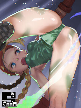 1girl abs aged_down ass beret black_boots blonde_hair blue_eyes bodypaint boots bow braid breasts cameltoe cammy_white capcom covered_abs covered_navel female_focus gloves green_leotard hat kicking leotard loli long_hair looking_to_the_side open_mouth perineum red_bow red_gloves red_hat signature small_breasts solo soon_(c-u-soon) standing standing_on_one_leg street_fighter teeth twintails upper_teeth_only