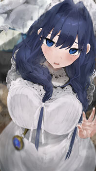 1girl apron black_dress blue_eyes blue_hair blurry braid breasts cowboy_shot depth_of_field dress frilled_apron frills from_above hair_between_eyes hair_intakes hair_over_shoulder hair_ribbon hands_up hashtag-only_commentary highres hololive hololive_english juliet_sleeves large_breasts long_hair long_sleeves looking_at_viewer low_twin_braids maid maid_apron official_alternate_costume official_alternate_hairstyle open_mouth ouro_kronii ouro_kronii_(maid) pocket_watch ponnu_(nikeytina) puffy_sleeves puritan_collar ribbon solo twin_braids victorian_maid virtual_youtuber watch wavy_mouth white_apron