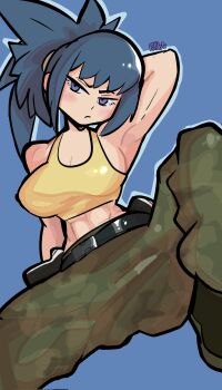 1girl adept adeptspillbox blue_eyes blue_hair boots breasts female_focus highres large_breasts leg_up leona_heidern military pale_skin pants ponytail shirt spread_legs tank_top the_king_of_fighters thighs toned toned_female