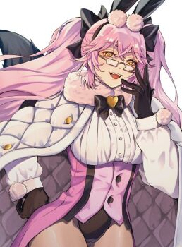 Rule 34 | 1girl, animal ears, arm up, black bow, black gloves, black leotard, black tail, bow, bowtie, breasts, cape, fake animal ears, fang, fate/grand order, fate (series), fur-trimmed cape, fur trim, gloves, highleg, highleg leotard, koyanskaya (assassin) (second ascension) (fate), koyanskaya (fate), large breasts, leotard, long hair, long sleeves, looking at viewer, nikumaki43, pink hair, pom pom (clothes), rectangular eyewear, sleeve cuffs, smile, solo, tailcoat, traditional bowtie, twintails, two side up, underbust, vest, white cape, yellow eyes