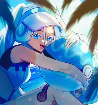 1girl beach blue_eyes blue_hair blue_sky blush breasts crop_top dive_ball from_side hair_between_eyes hatsune_miku holding hug long_hair looking_at_viewer medium_breasts nintendo official_alternate_costume official_alternate_hairstyle open_mouth poke_ball pokemon project_voltage sky smile solo suzuno_suzuran tan tanline twintails very_long_hair visor_cap vocaloid water_miku_(project_voltage)