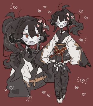 1other au_ra blush boots colored_skin commission commissioner_upload final_fantasy final_fantasy_xiv flower gloves hair_flower hair_ornament highres horns izumi_tol_amulius japanese_clothes long_hair ponytail red_eyes scomsio skeb_commission smile sweatdrop thigh_boots warrior_of_light_(ff14) white_skin